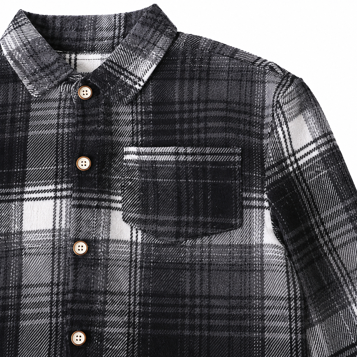 Black Gray kids plaid shirt chest detail view