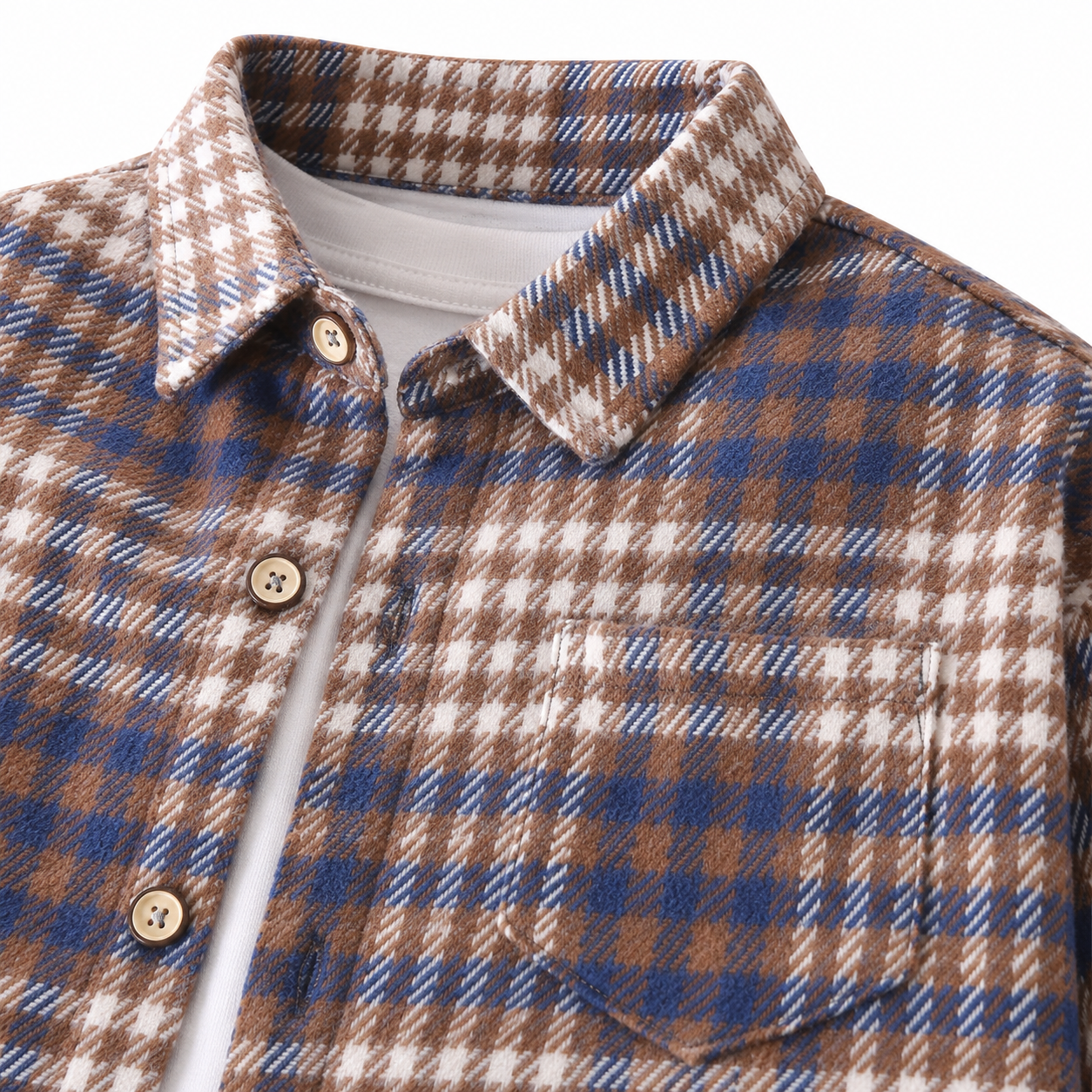 Blue Brown kids plaid shirt chest detail view