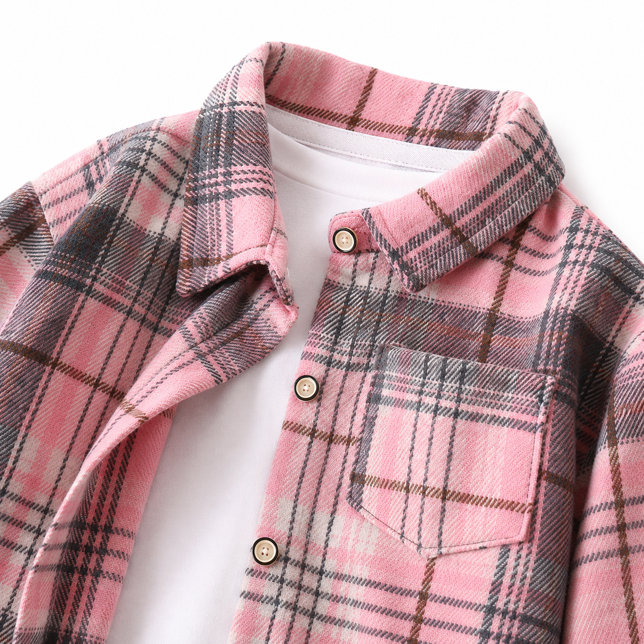 Pink kids plaid shirt chest detail view