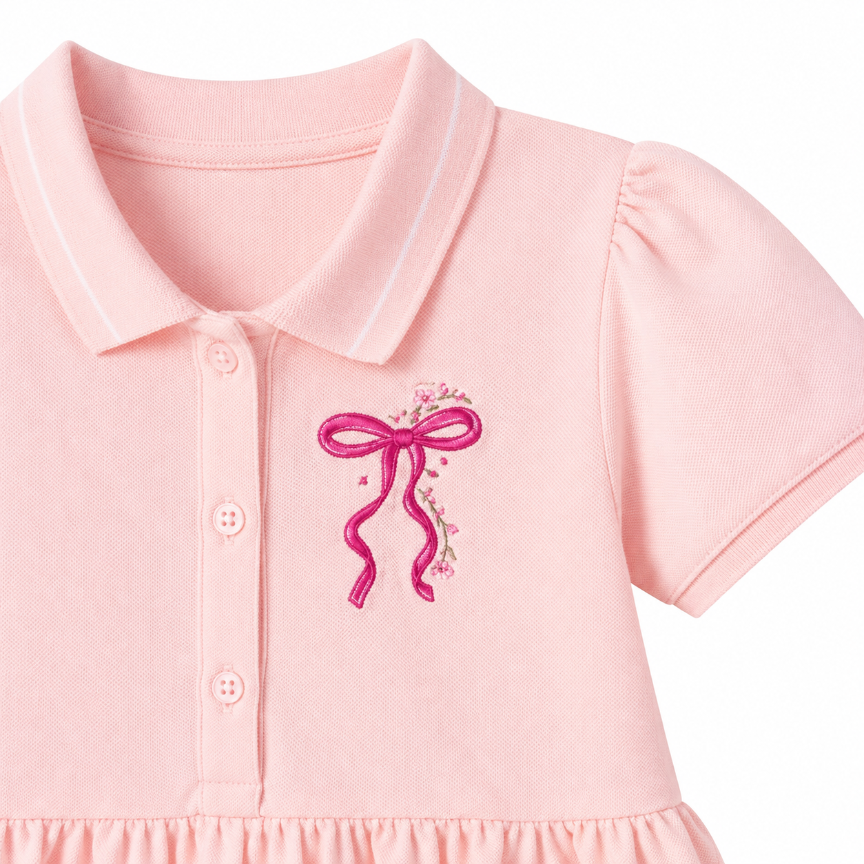 Pink bow embroidery detail on girls polo dress