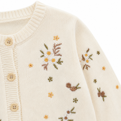Close-up of the small botanical embroidery on the cream girls cotton cardigan.