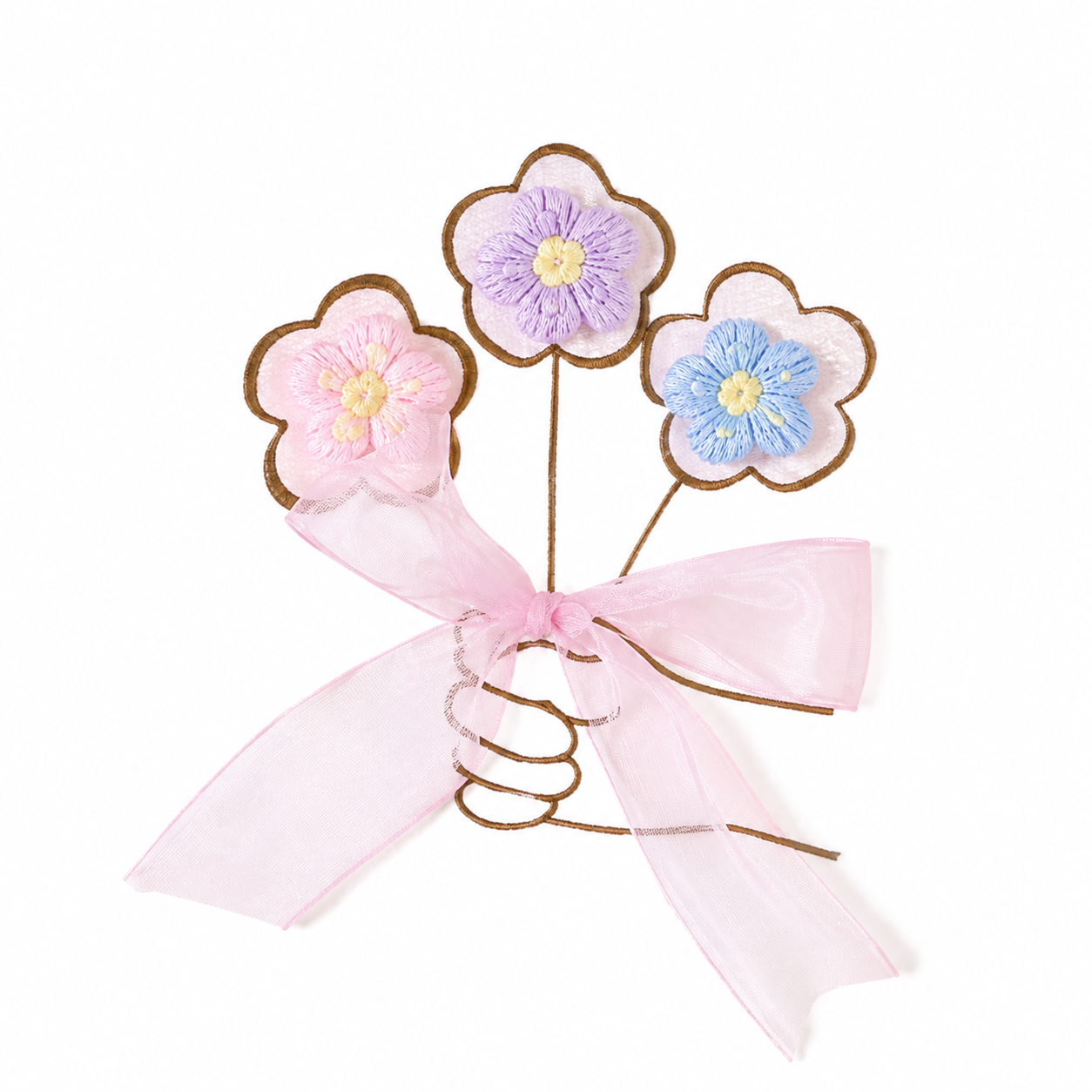 Close-up of flower and bow decoration on the girls cotton dress.