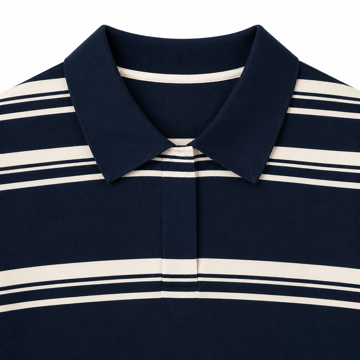 Close-up of the placket and stripe detail on a navy striped girls polo top.