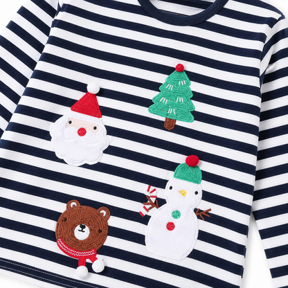 Close-up of the festive applique detail on the striped top.