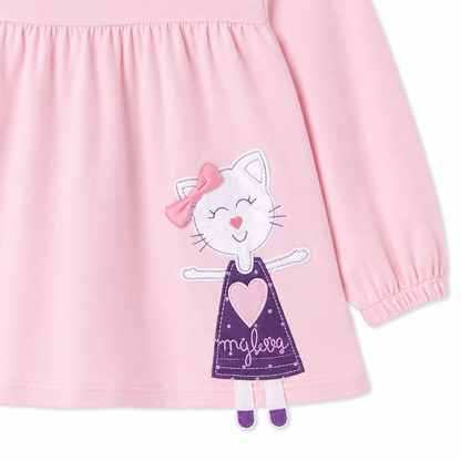 Close-up of the kitty character detail on the pink long-sleeve girls top.