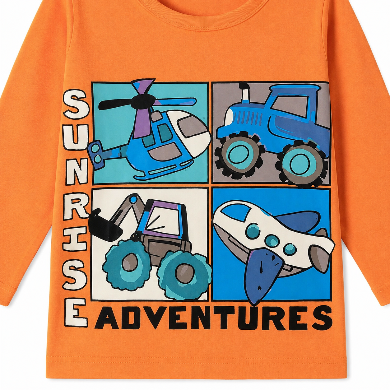 Close-up of the vehicle graphic print detail on the boys tee.