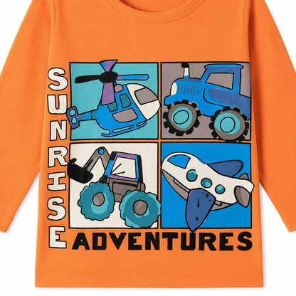 Close-up of the vehicle graphic print detail on the boys tee.
