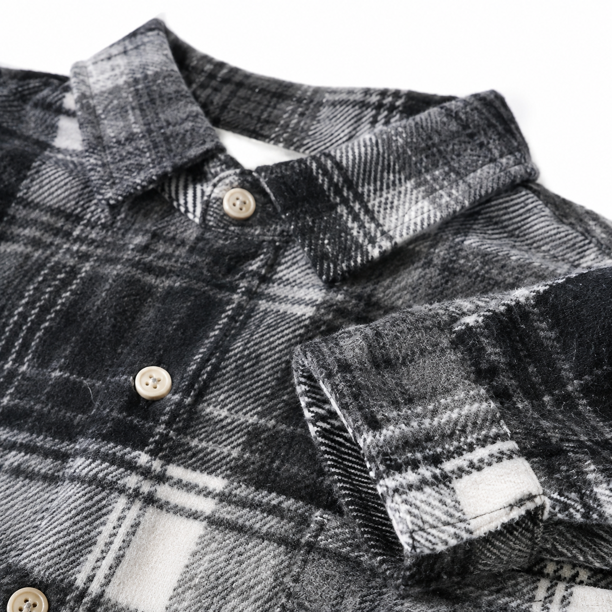 Black Gray kids plaid shirt fabric detail view