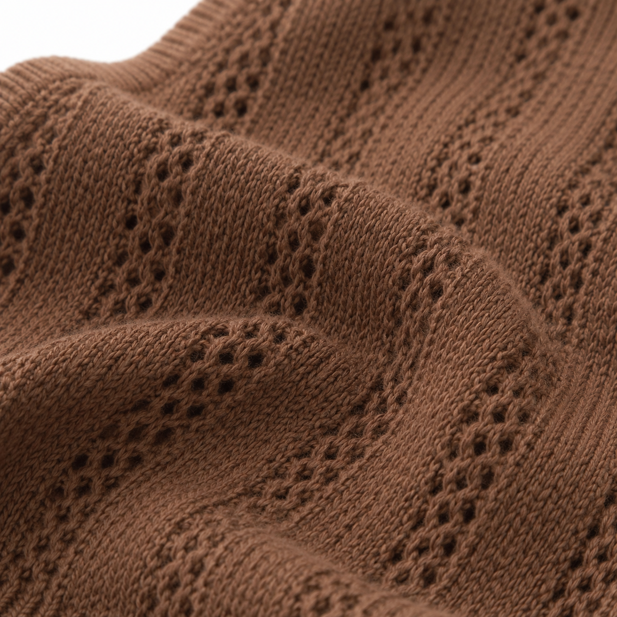 Macro view of the chocolate-brown cotton-linen blend openwork knit texture.