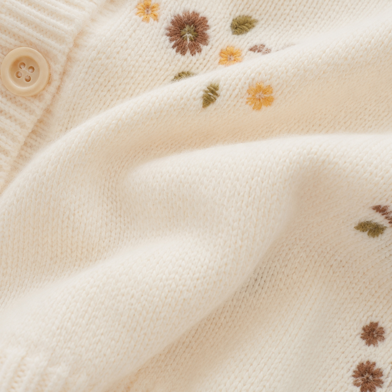 Close-up of the cream cotton knit texture on the embroidered girls cardigan.
