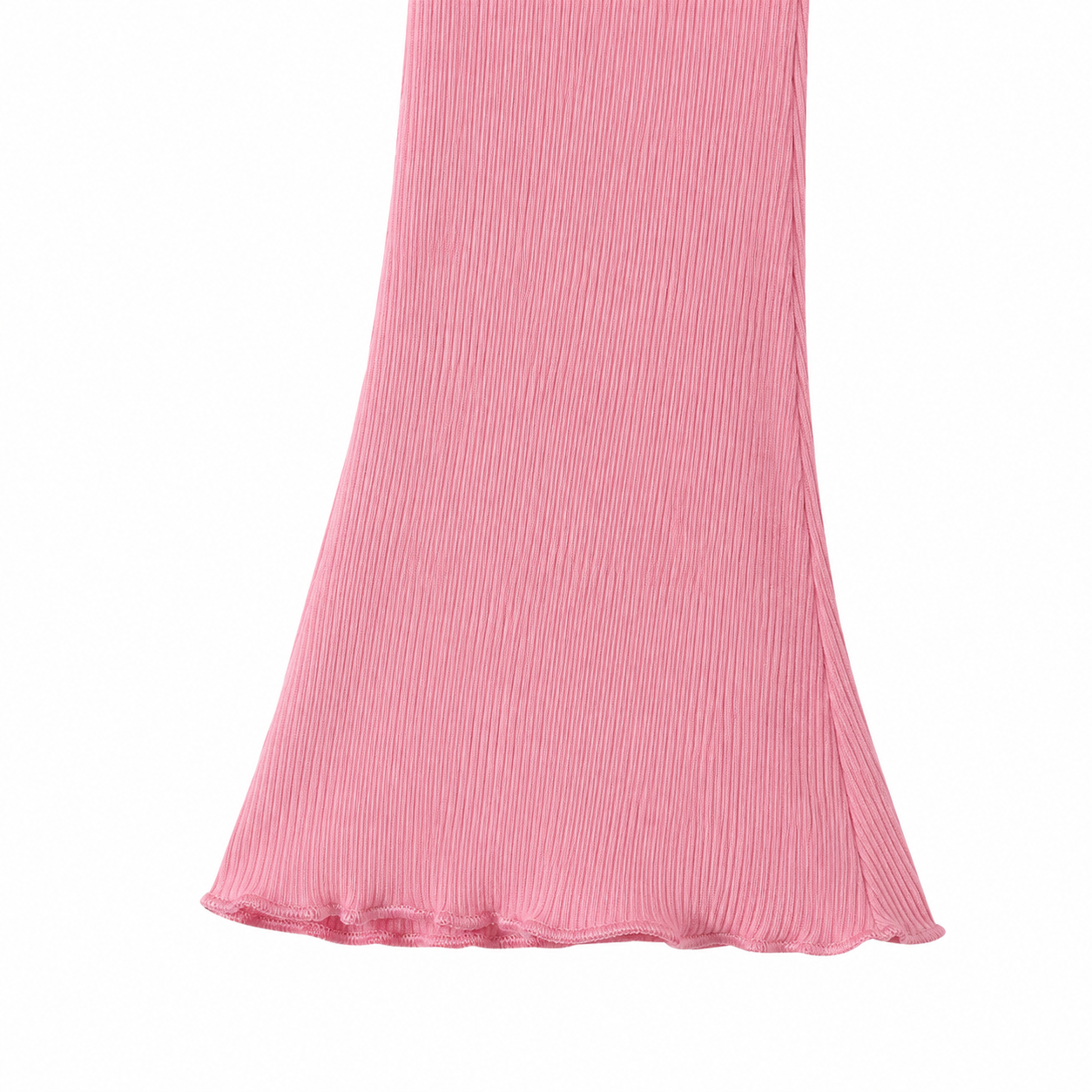 Close-up of the ribbed flare hem detail on the pink pants.