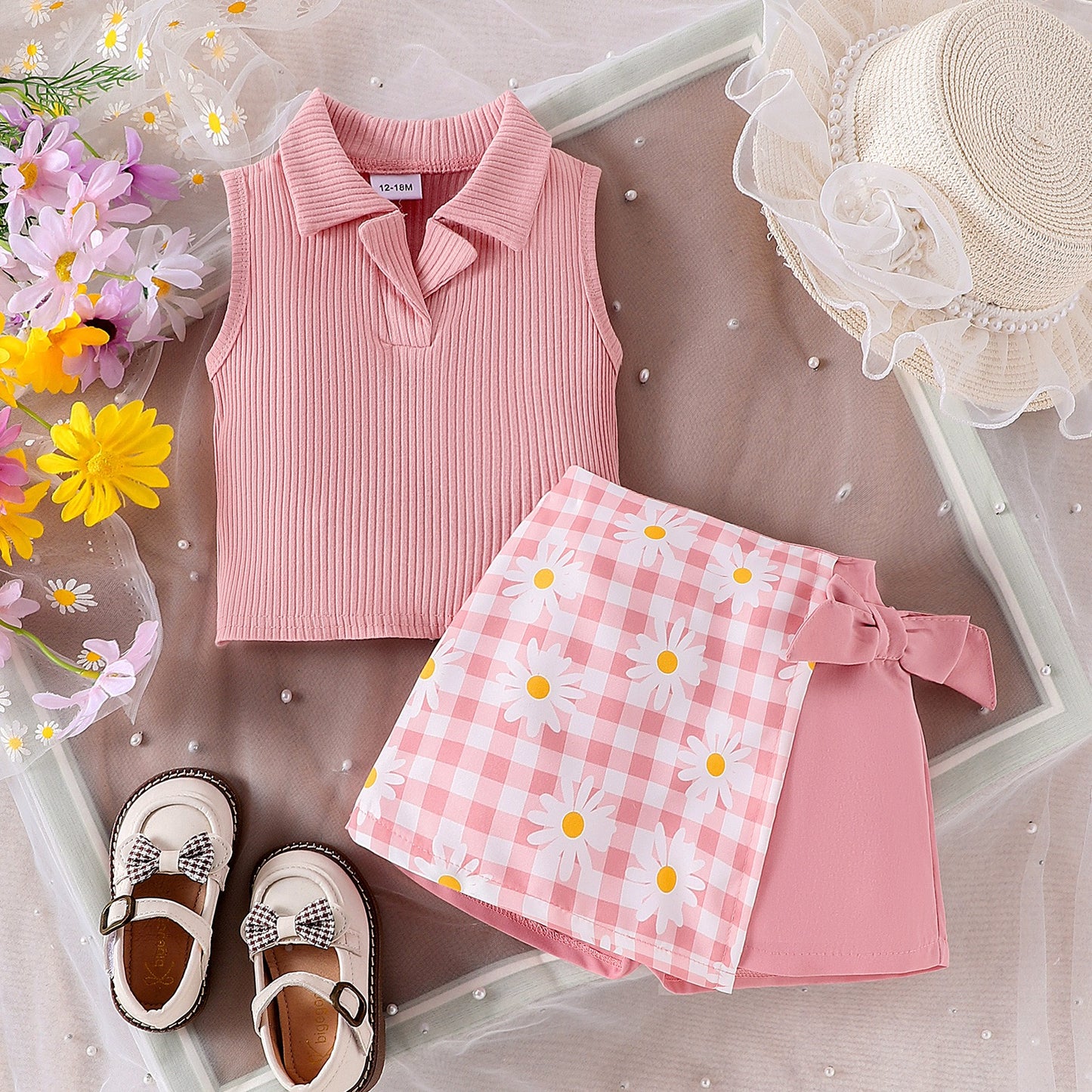 Toddler Girls Ribbed Polo Top & Daisy Gingham Overlay Shorts Set