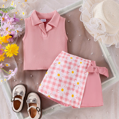 Toddler Girls Ribbed Polo Top & Daisy Gingham Overlay Shorts Set