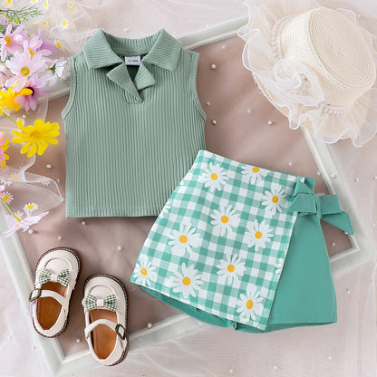 Toddler Girls Ribbed Polo Top & Daisy Gingham Overlay Shorts Set