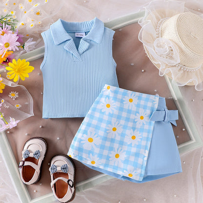 Toddler Girls Ribbed Polo Top & Daisy Gingham Overlay Shorts Set