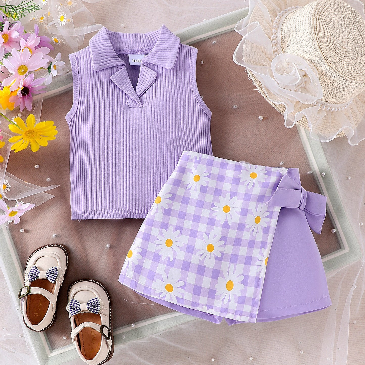 Toddler Girls Ribbed Polo Top & Daisy Gingham Overlay Shorts Set