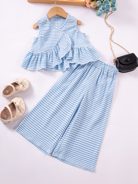 Girl wearing the Willow Gingham Set with wide-leg pants