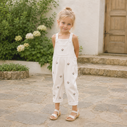 Baby girl wearing Rosie Bloom Overalls outdoors