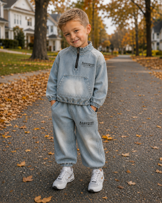 Kid wearing the Hudson Denim Set outdoors