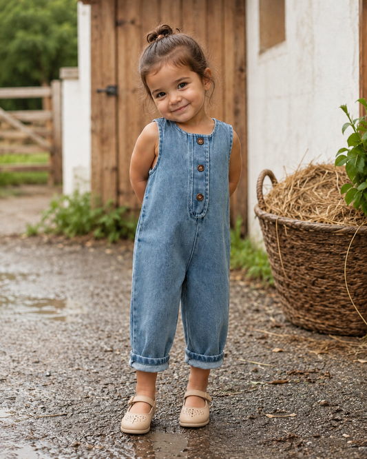 Girl wearing the Willow Denim Romper outdoors
