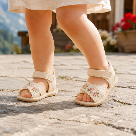 Baby wearing Rosebud Baby Sandals outdoors