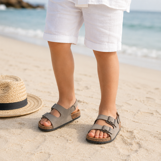 Toddler wearing Cove Buckle Sandals outdoors