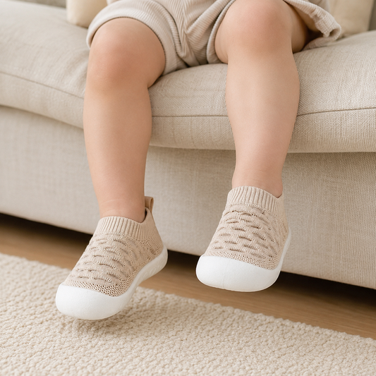 Baby wearing Mellow Knit Shoes indoors