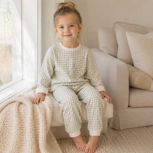 Girl wearing the Mabel Gingham Pajama Set indoors