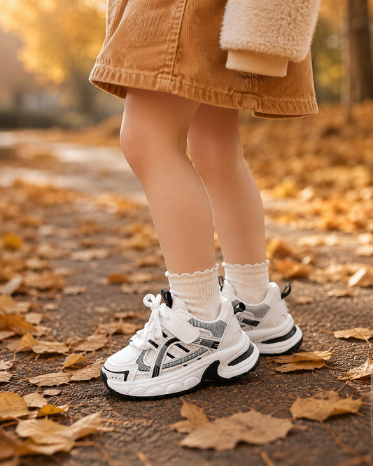 Toddler wearing Wren Runner Sneakers outdoors