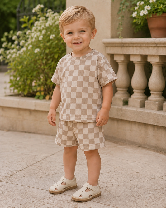 Kid wearing the Wren Check Set for everyday play