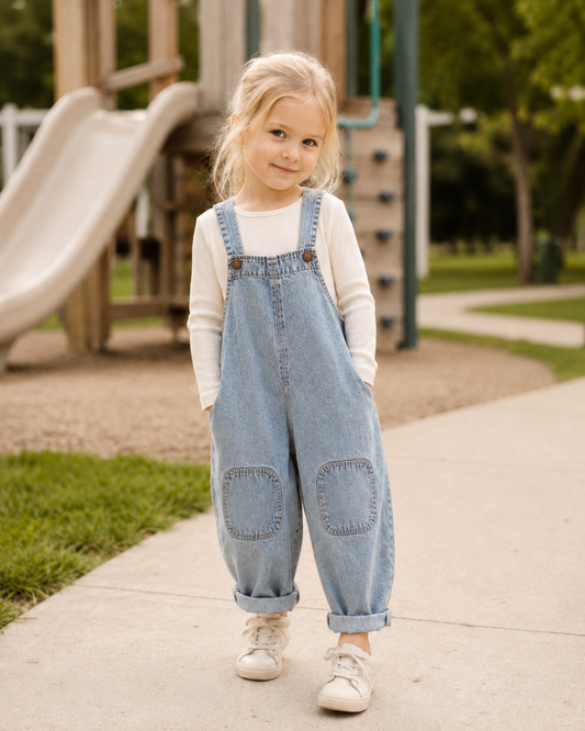 Kid wearing Leni Denim Overalls outdoors