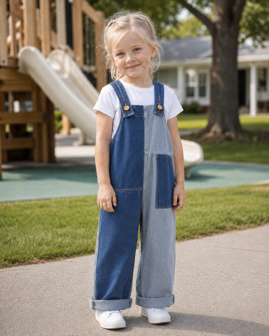 Kid wearing Hudson Patchwork Overalls outdoors
