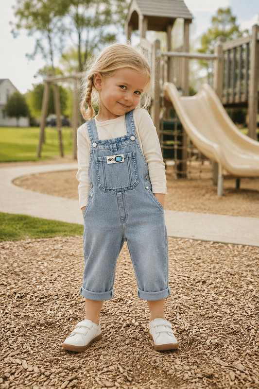 Kid wearing Arlo Denim Overalls outdoors