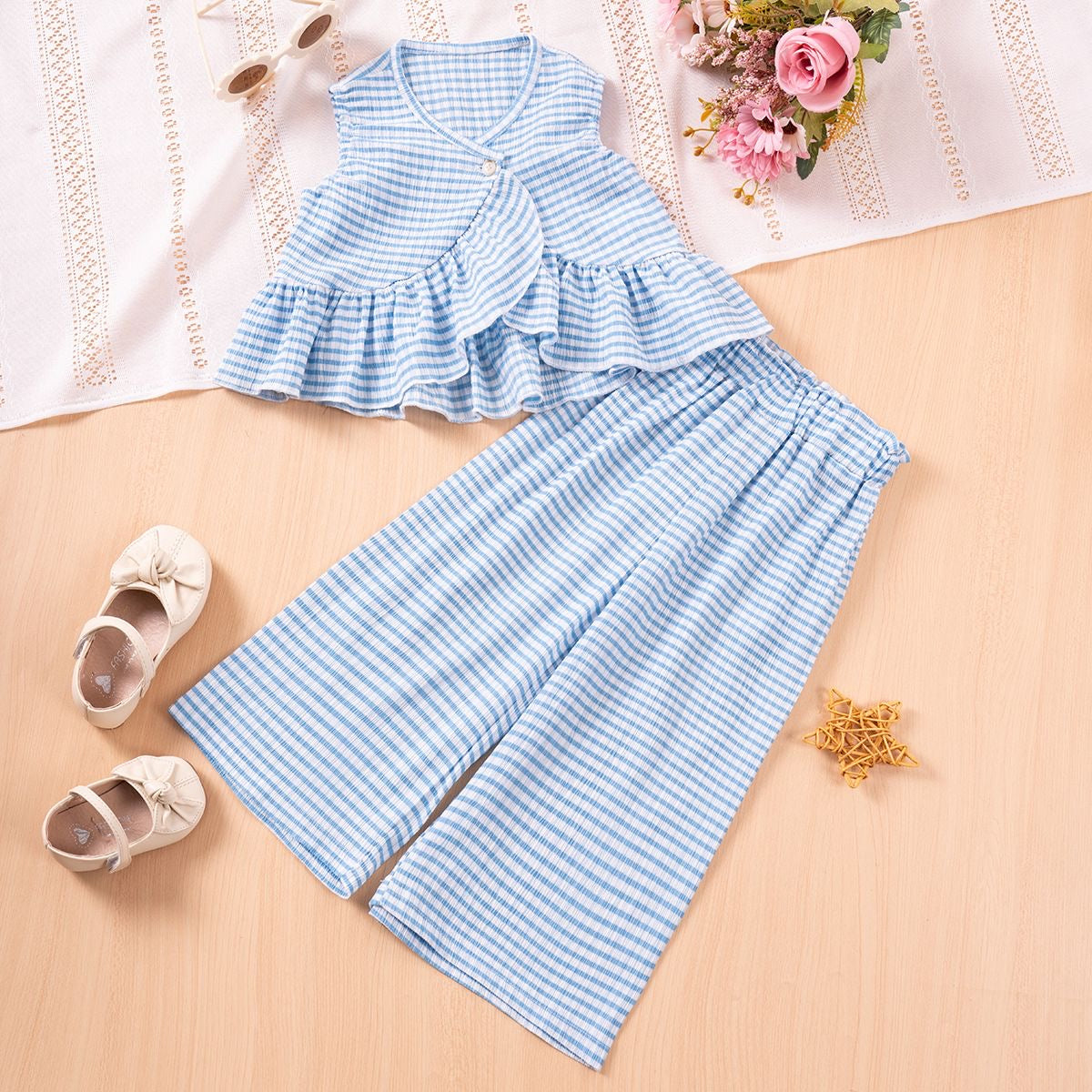 Girls Ruffle Stripe Top & Wide-Leg Pants Set