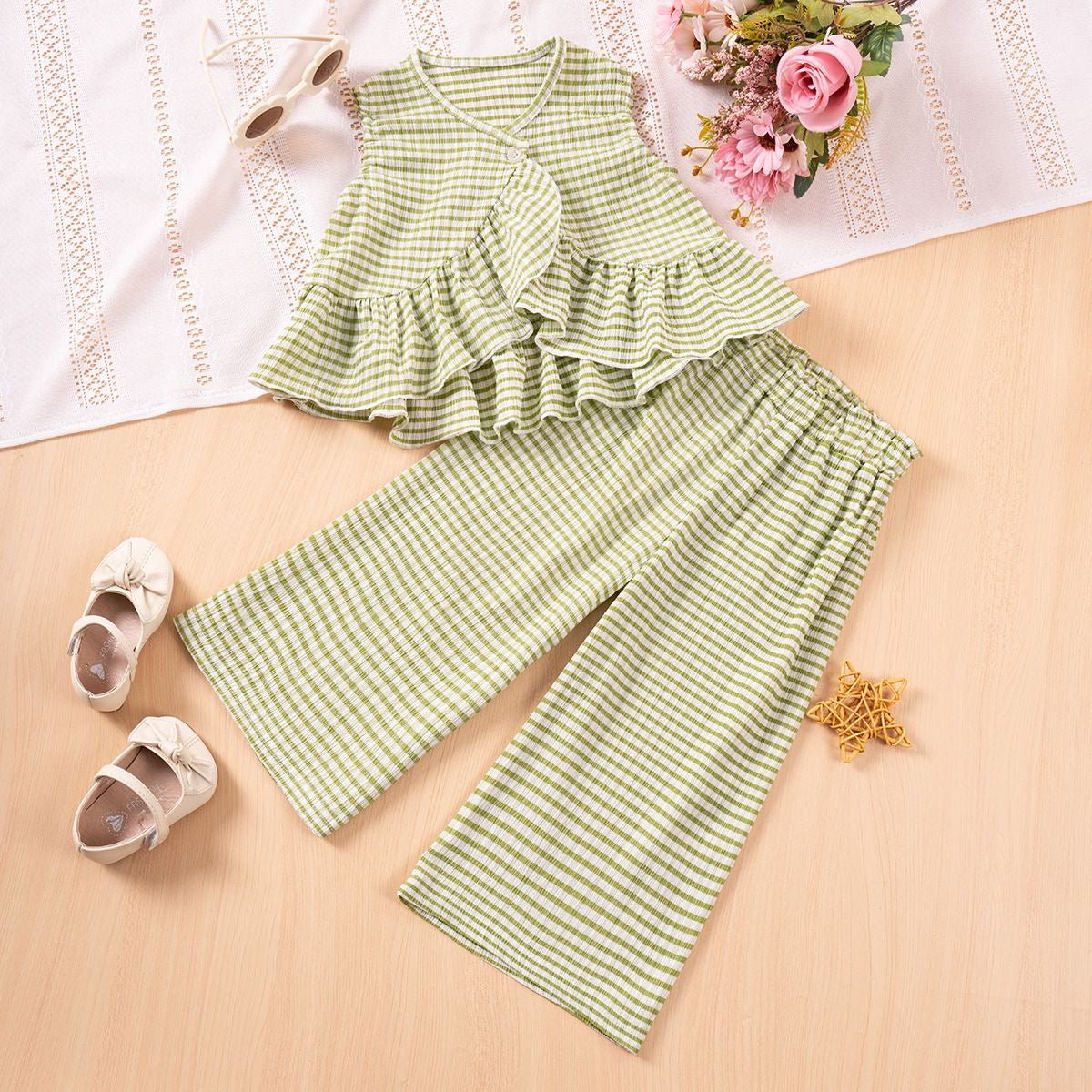 Girls Ruffle Stripe Top & Wide-Leg Pants Set