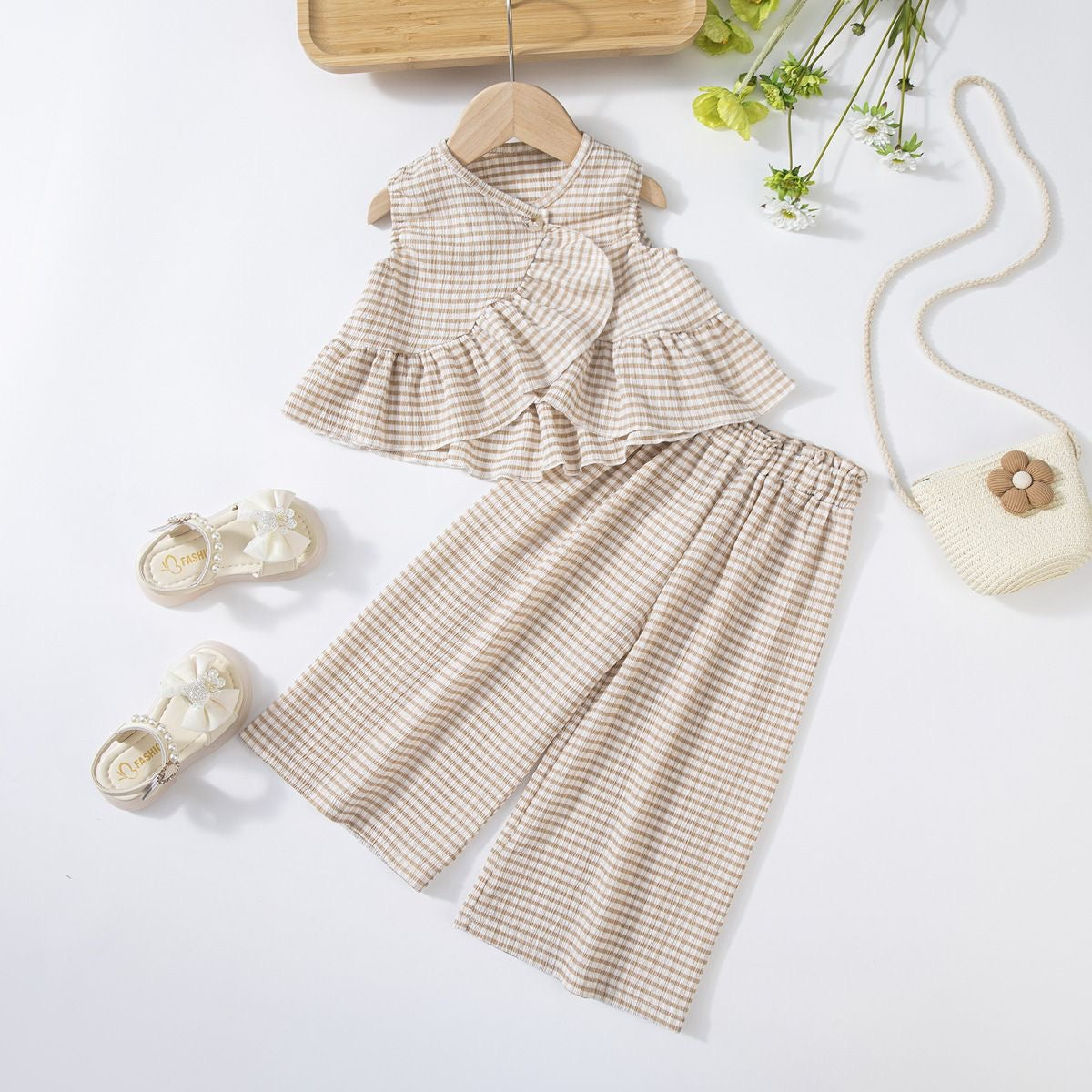 Girls Ruffle Stripe Top & Wide-Leg Pants Set
