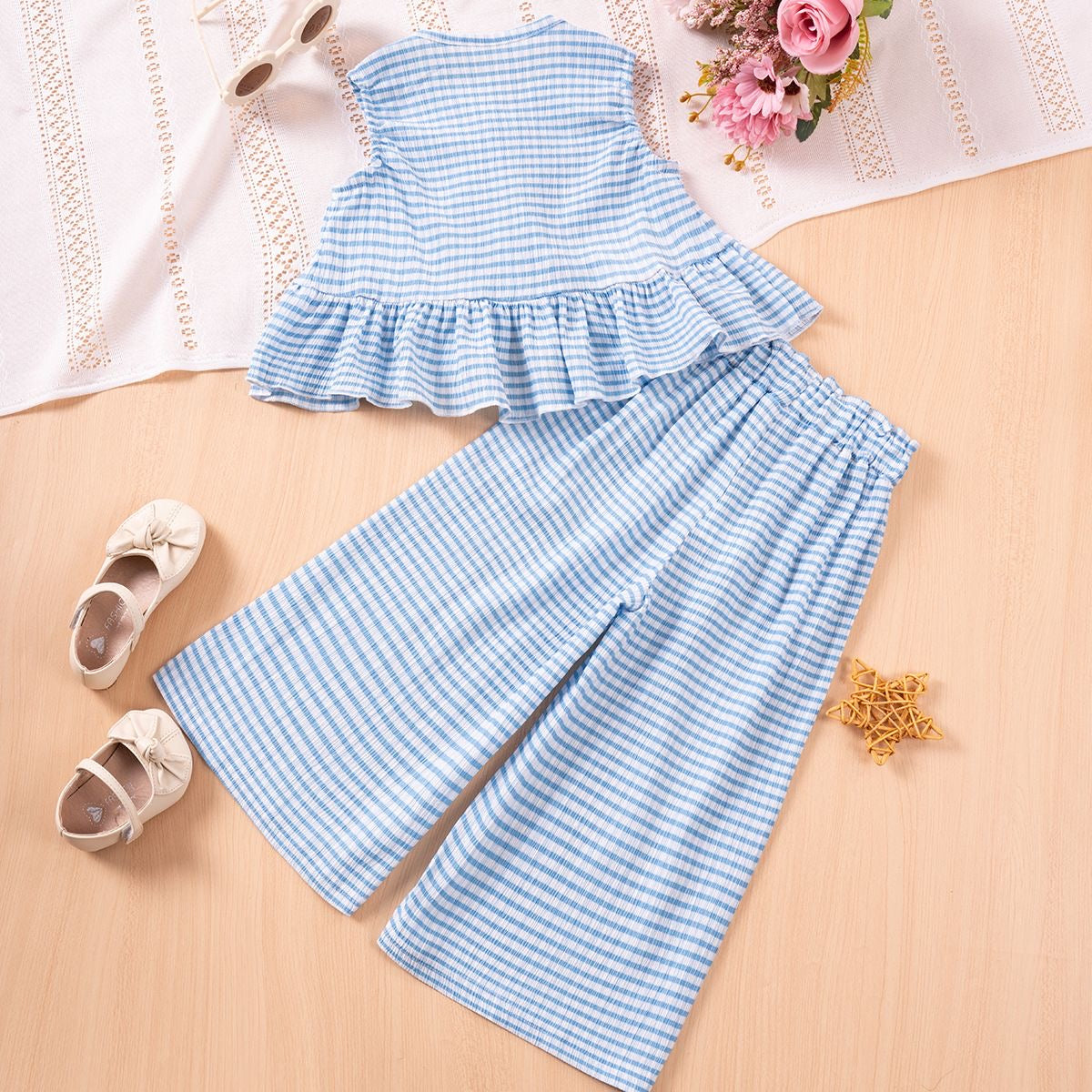 Girls Ruffle Stripe Top & Wide-Leg Pants Set