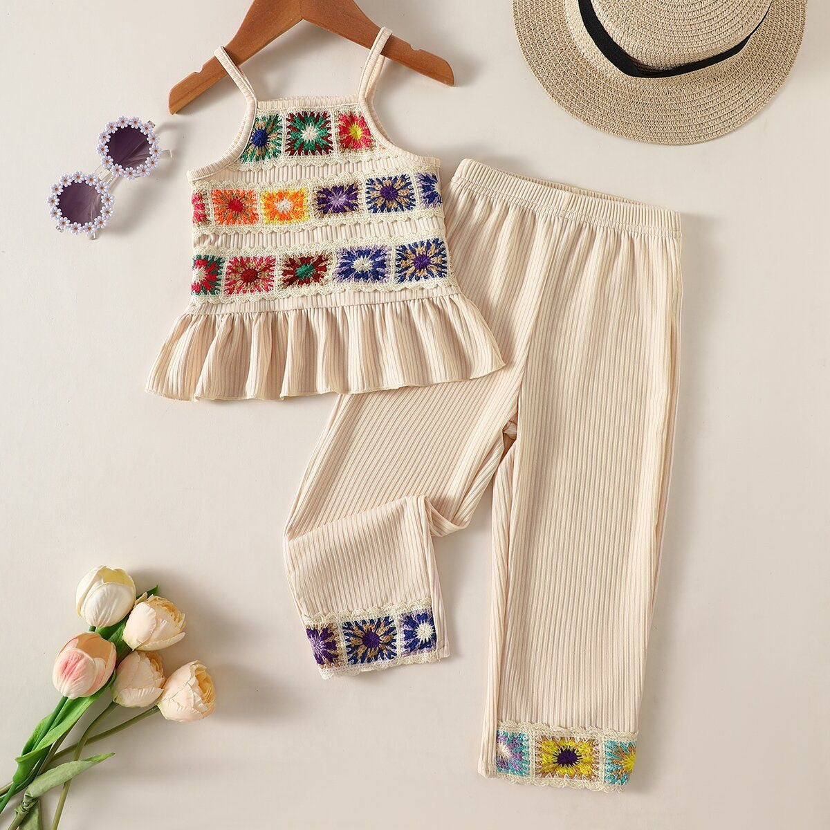 Girls Boho Crochet Tank & Ribbed Pants Set