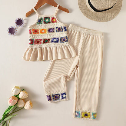 Girls Boho Crochet Tank & Ribbed Pants Set