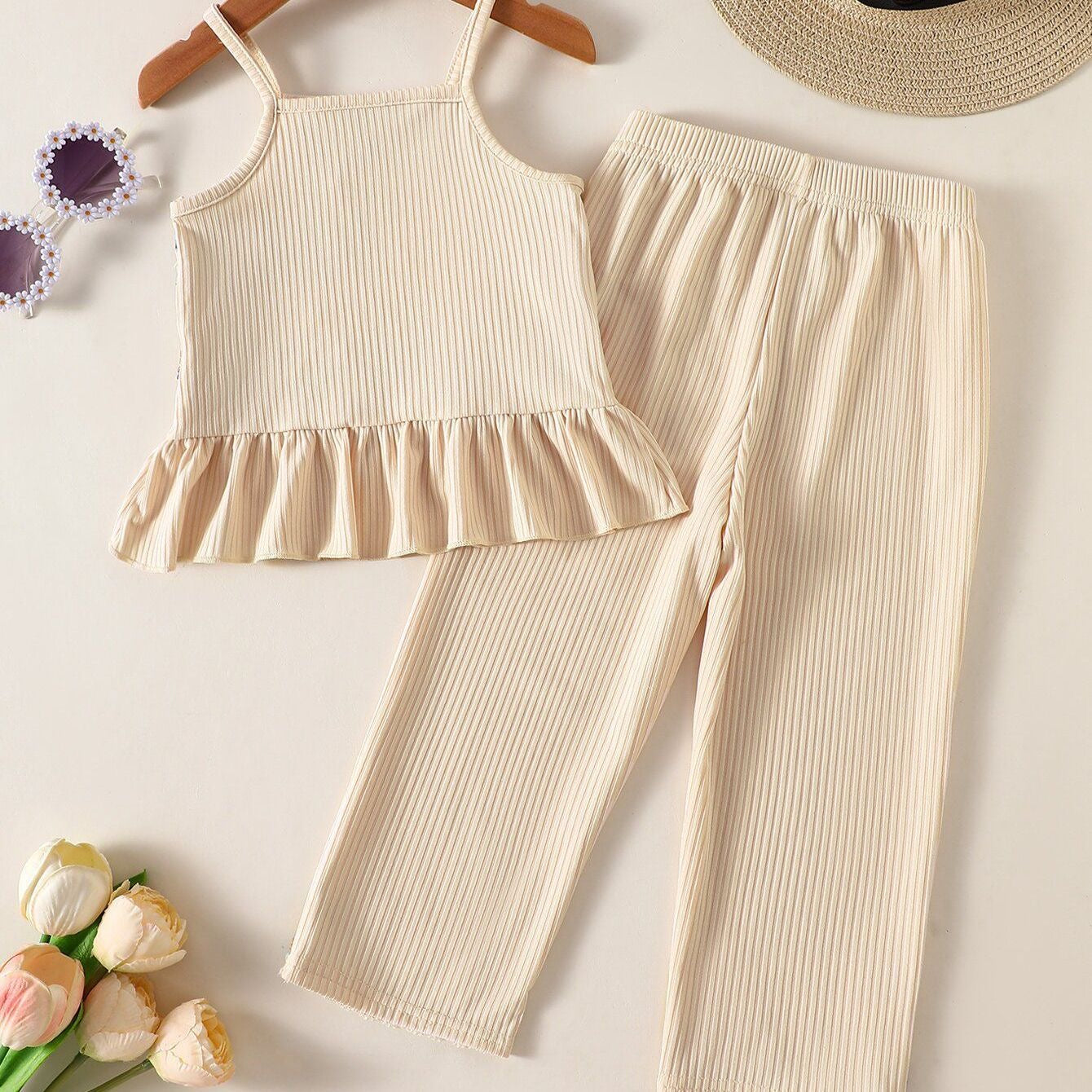 Girls Boho Crochet Tank & Ribbed Pants Set