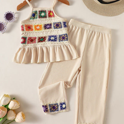 Girls Boho Crochet Tank & Ribbed Pants Set