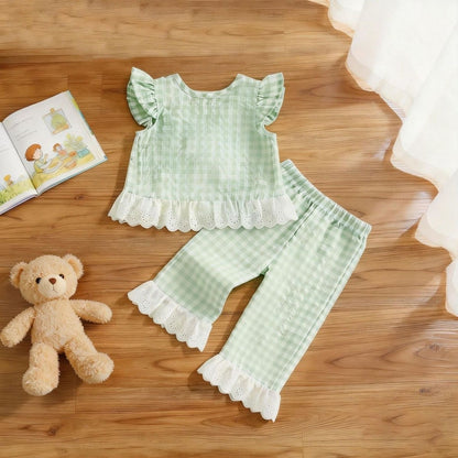 Girls Gingham Bow Lace Set