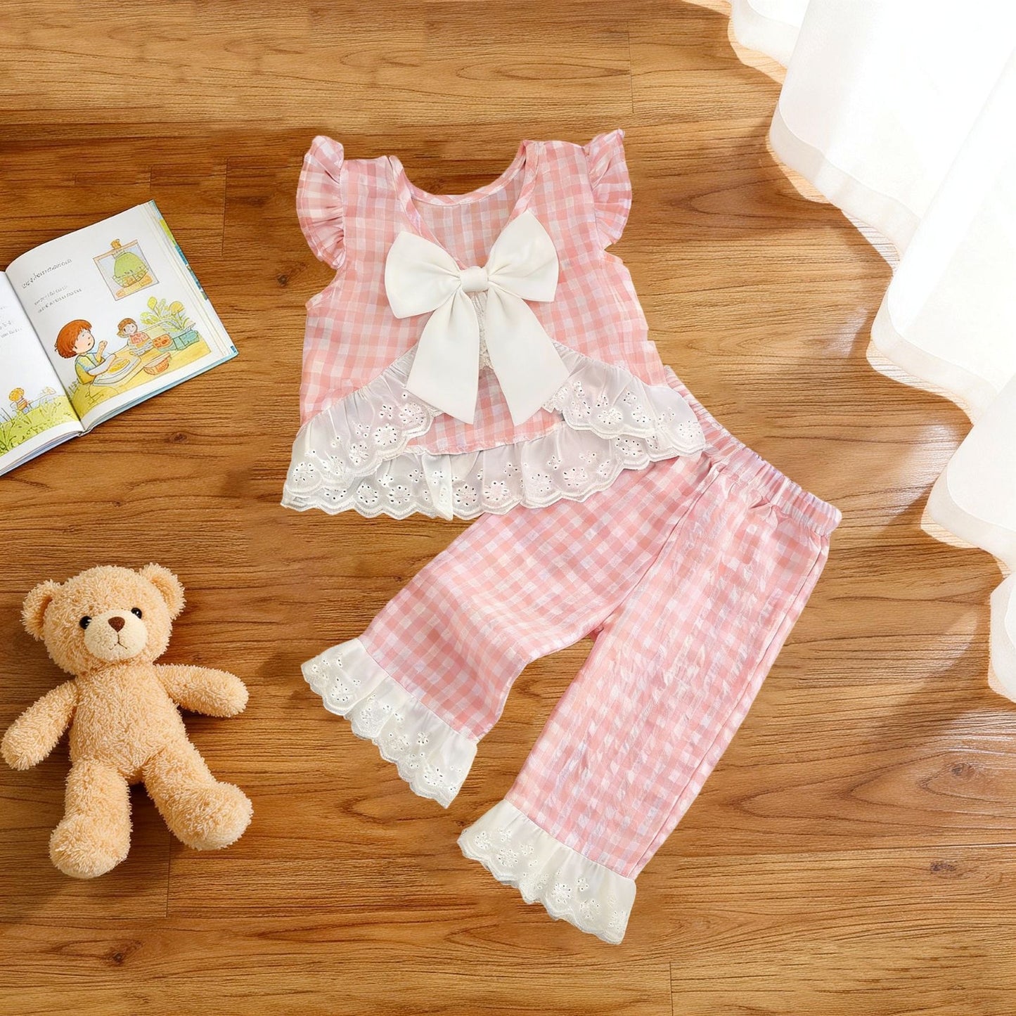 Girls Gingham Bow Lace Set