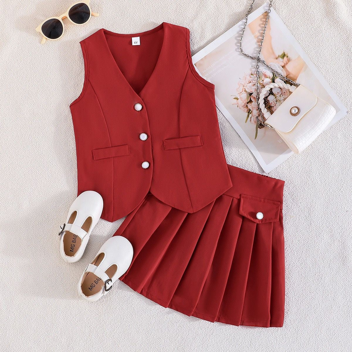 Girls Chic Vest & Pleated Skirt Set