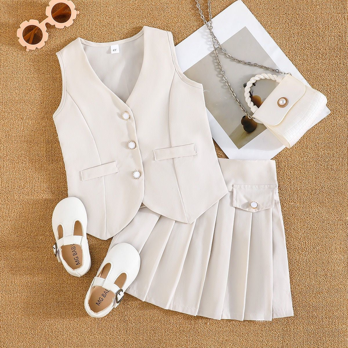 Girls Chic Vest & Pleated Skirt Set