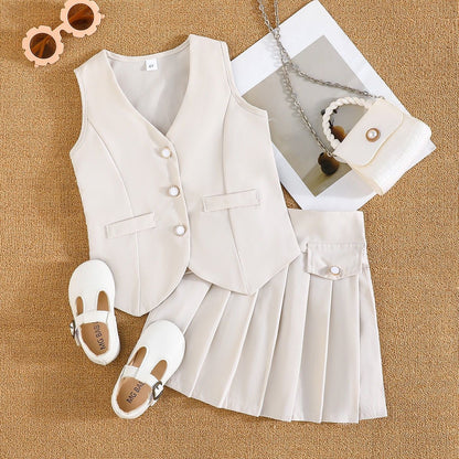 Girls Chic Vest & Pleated Skirt Set