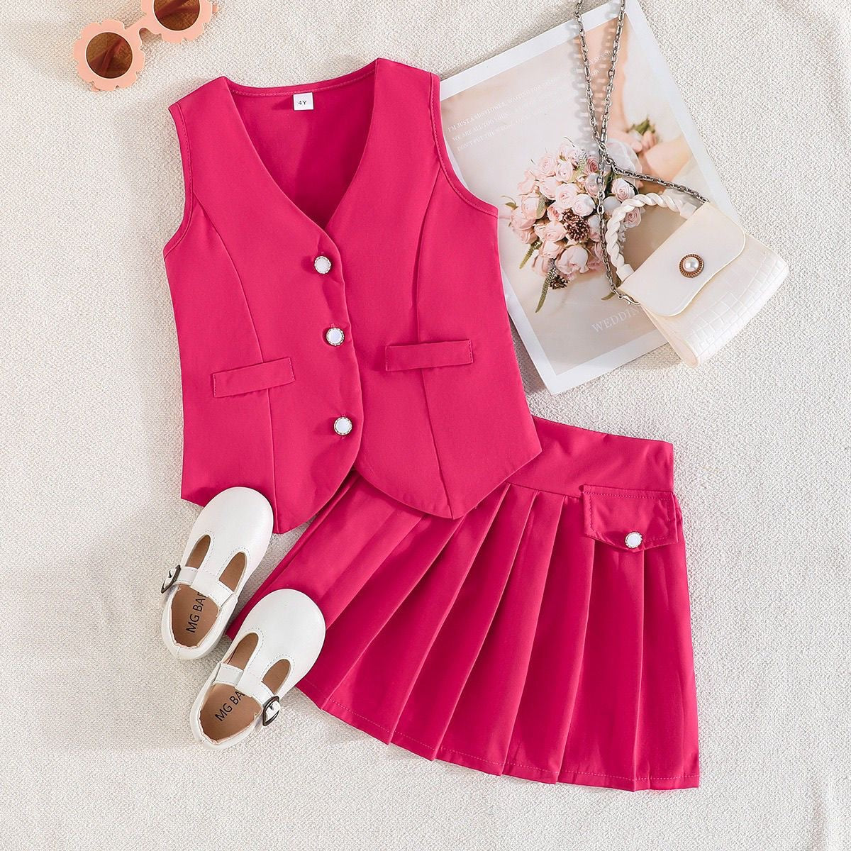 Girls Chic Vest & Pleated Skirt Set