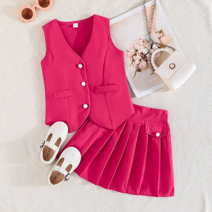 Girls Chic Vest & Pleated Skirt Set