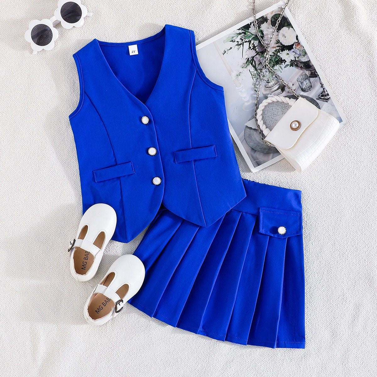 Girls Chic Vest & Pleated Skirt Set