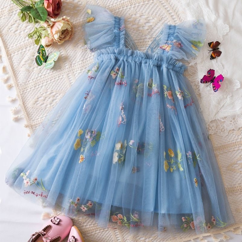 Girls Butterfly Bloom Embroidered Tulle Dress